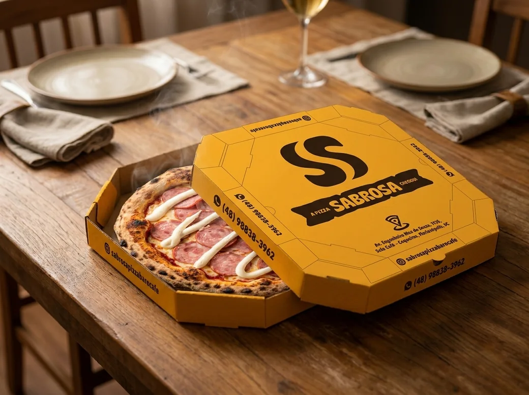 Pizza Sabrosa na caixa semi-aberta, na mesa — pronta pra entrega